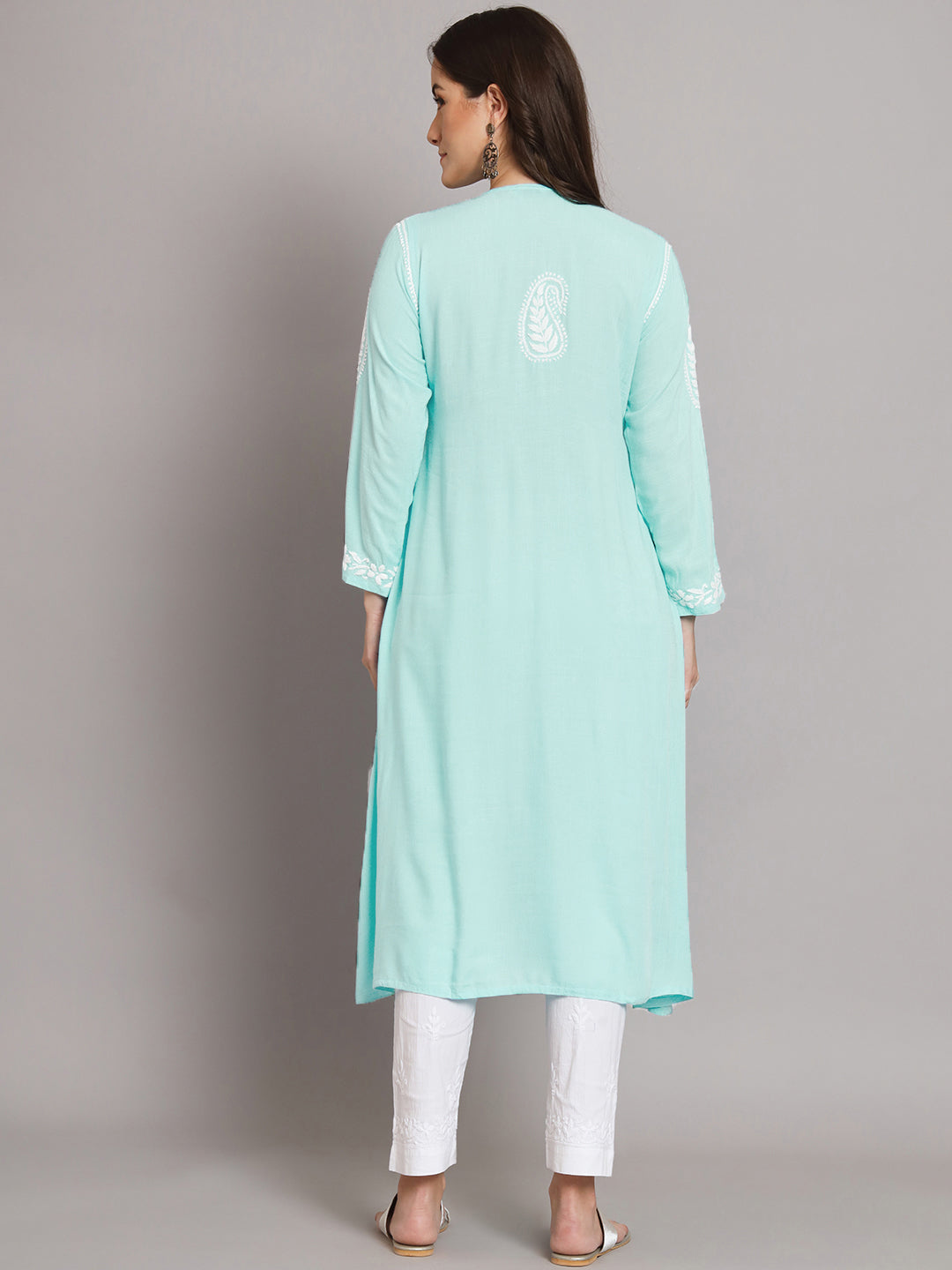 Hand Embroidered Chikankari Modal A-Line Kurta-PC3549 Seagreen