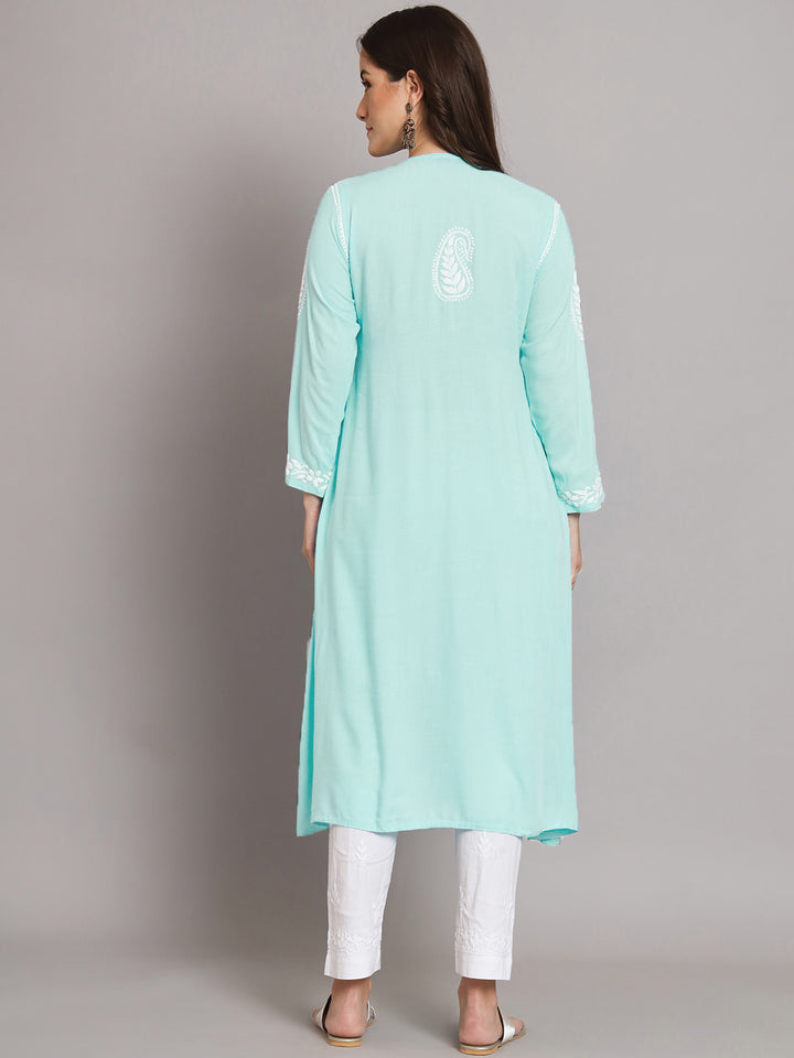 Hand Embroidered Chikankari Modal A-Line Kurta-PC3549 Seagreen