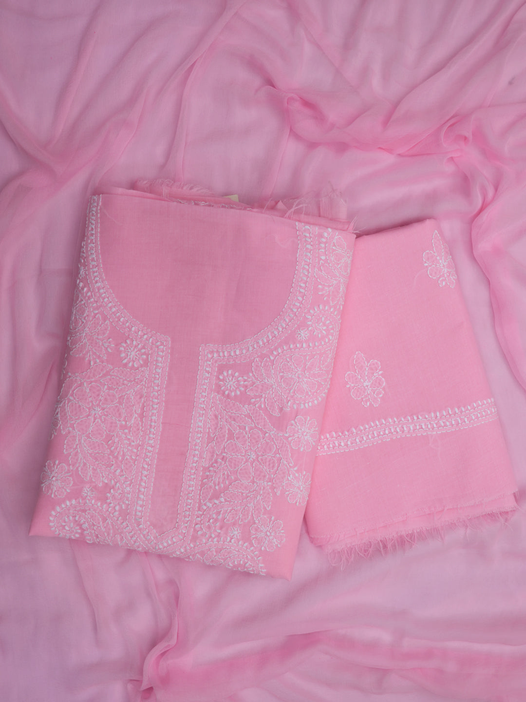 Women Hand Embroidered Chikankari Cotton Dressmaterial PCSCU00104FS-FLUORESCENTPINK