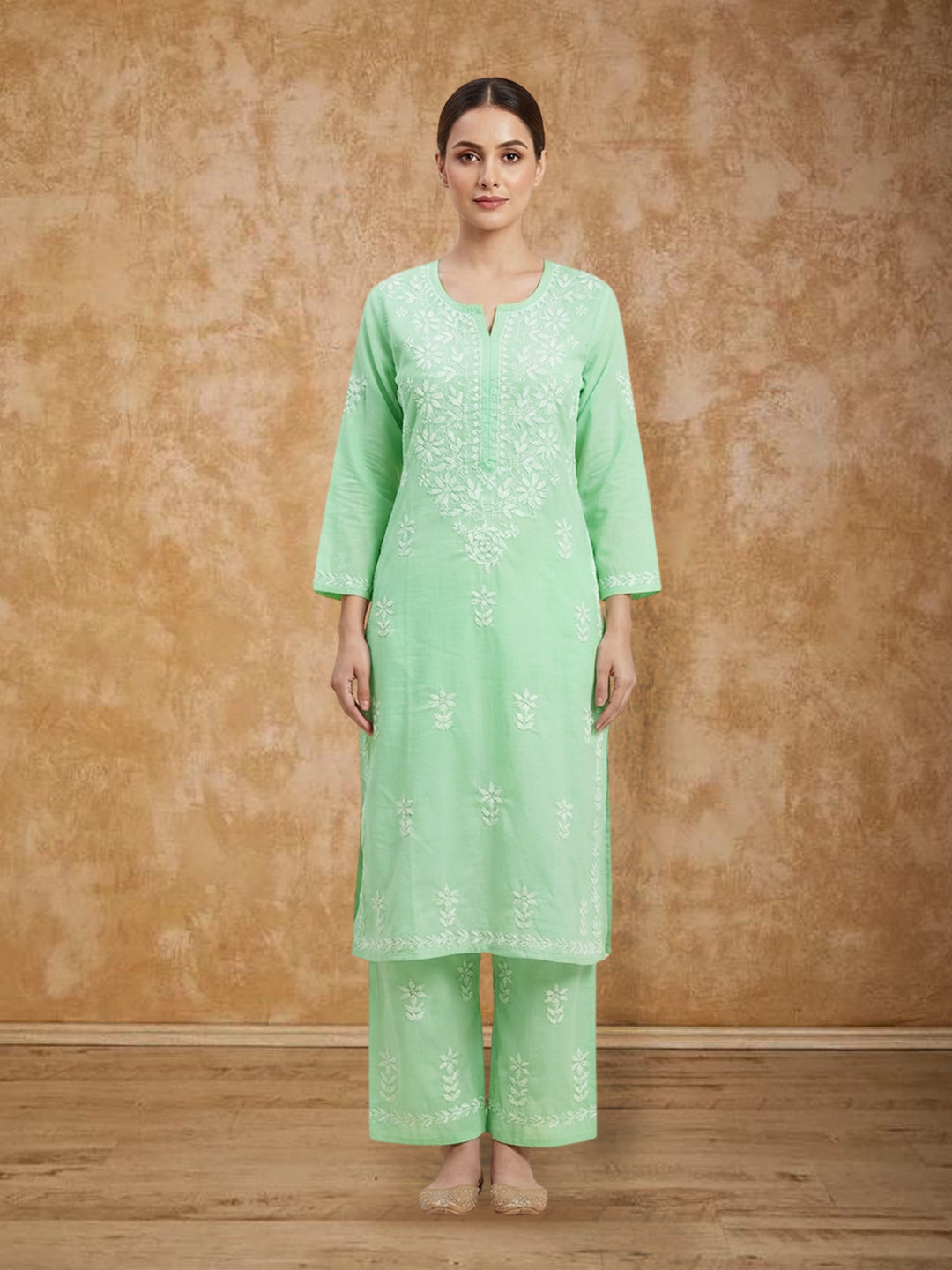 Women Hand Embroidered Chikankari Cotton Kurta Set PC4135KS Seagreen