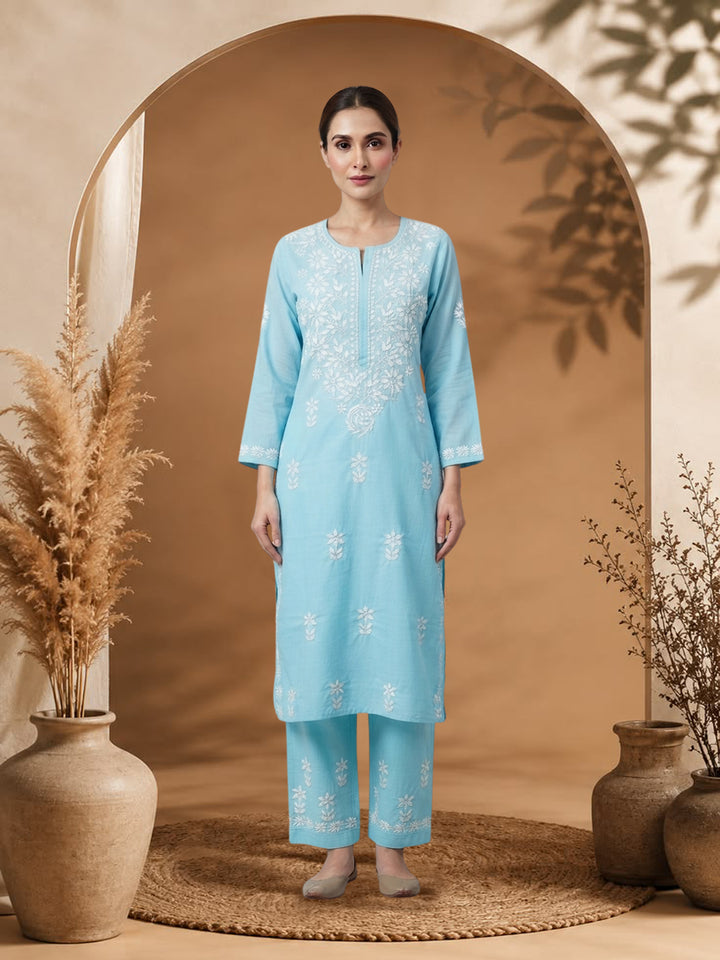 Women Hand Embroidered Chikankari Cotton Kurta Set PC4135KS Skyblue