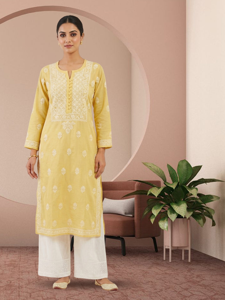 Hand Embroidered Chikankari Cotton Straight Kurta- PC3579 Yellow