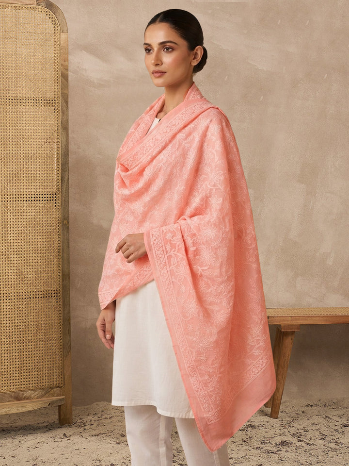 Women Hand Embroidered Cotton Chikankari Dupatta-PC4111 Peach