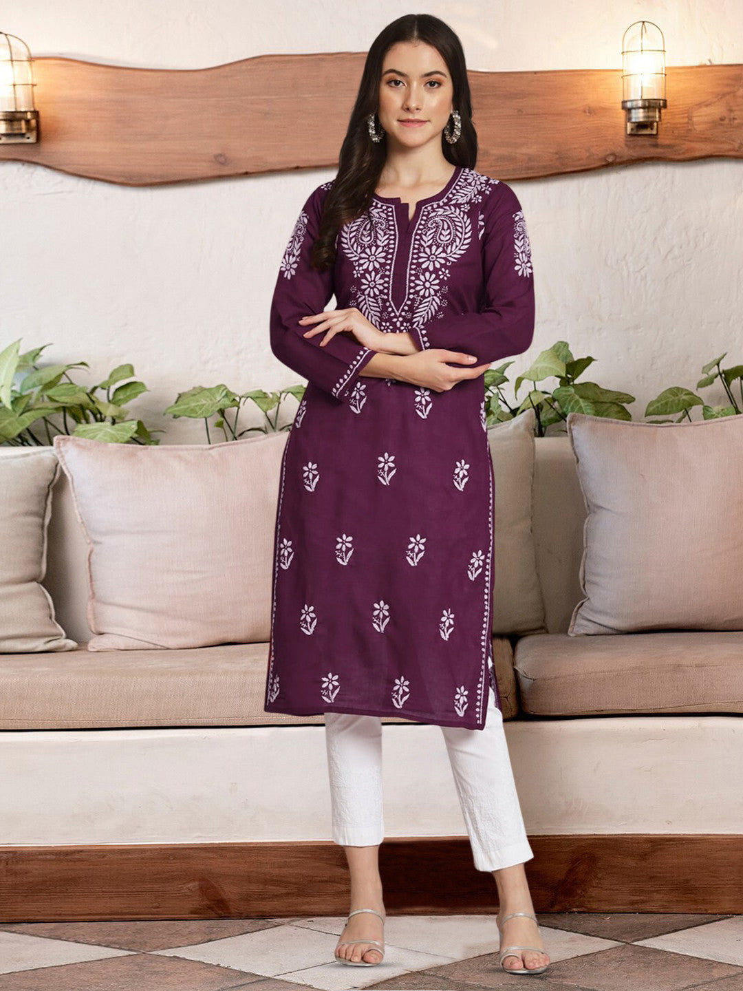 Hand Embroidered Chikankari Cotton Straight Kurta-PC3561