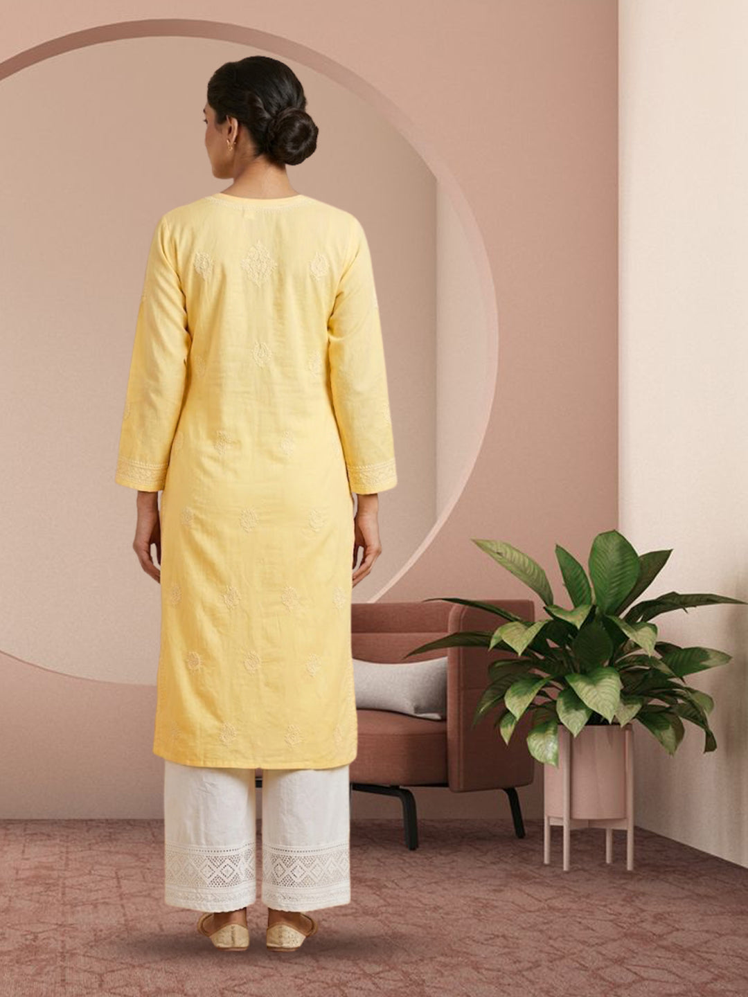 Hand Embroidered Chikankari Cotton Straight Kurta- PC3579 Yellow