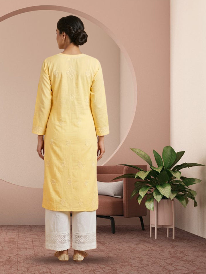 Hand Embroidered Chikankari Cotton Straight Kurta- PC3579 Yellow