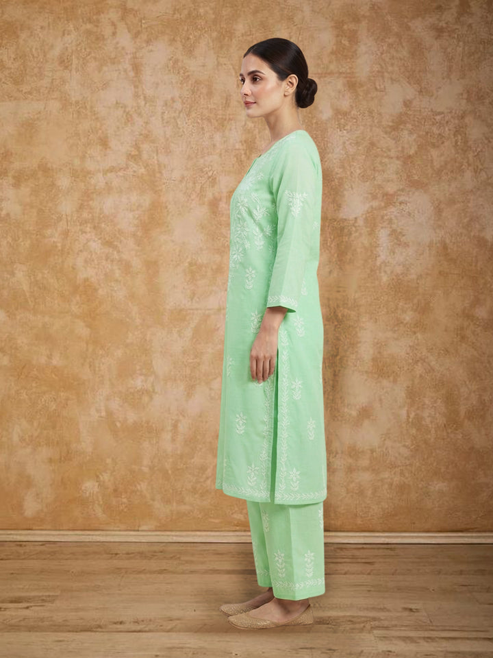 Women Hand Embroidered Chikankari Cotton Kurta Set PC4135KS Seagreen