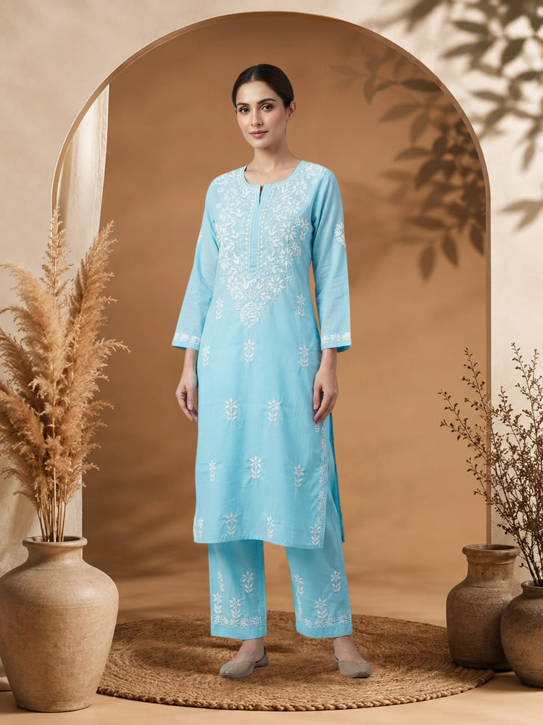 Women Hand Embroidered Chikankari Cotton Kurta Set PC4135KS Skyblue