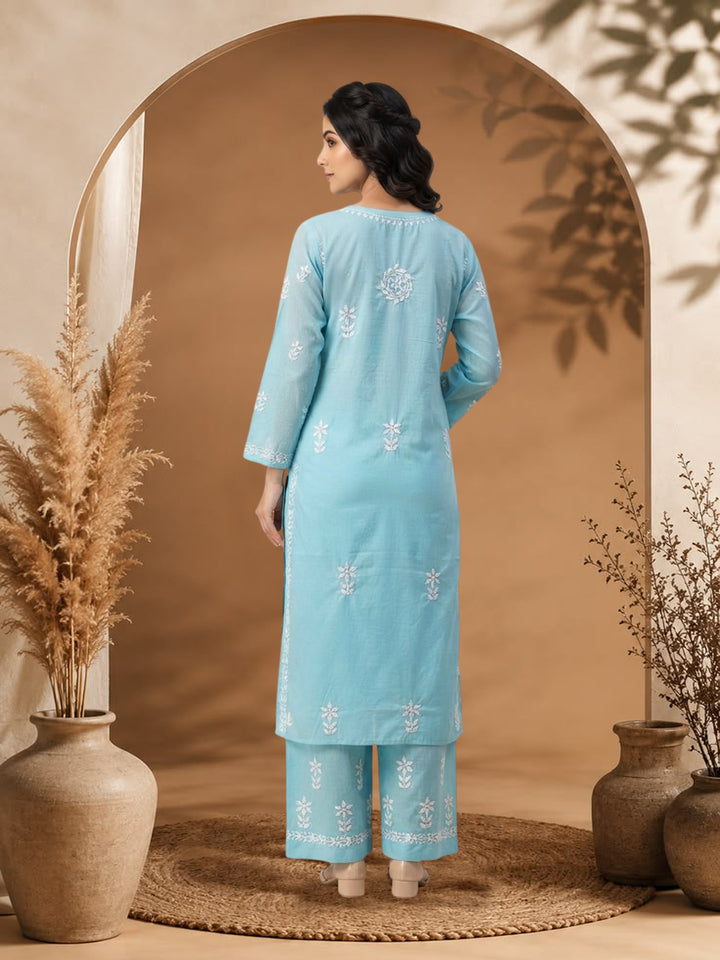 Women Hand Embroidered Chikankari Cotton Kurta Set PC4135KS Skyblue