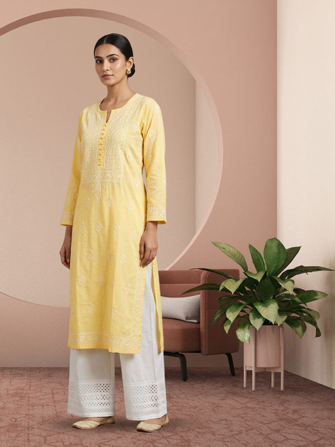 Hand Embroidered Chikankari Cotton Straight Kurta- PC3579 Yellow