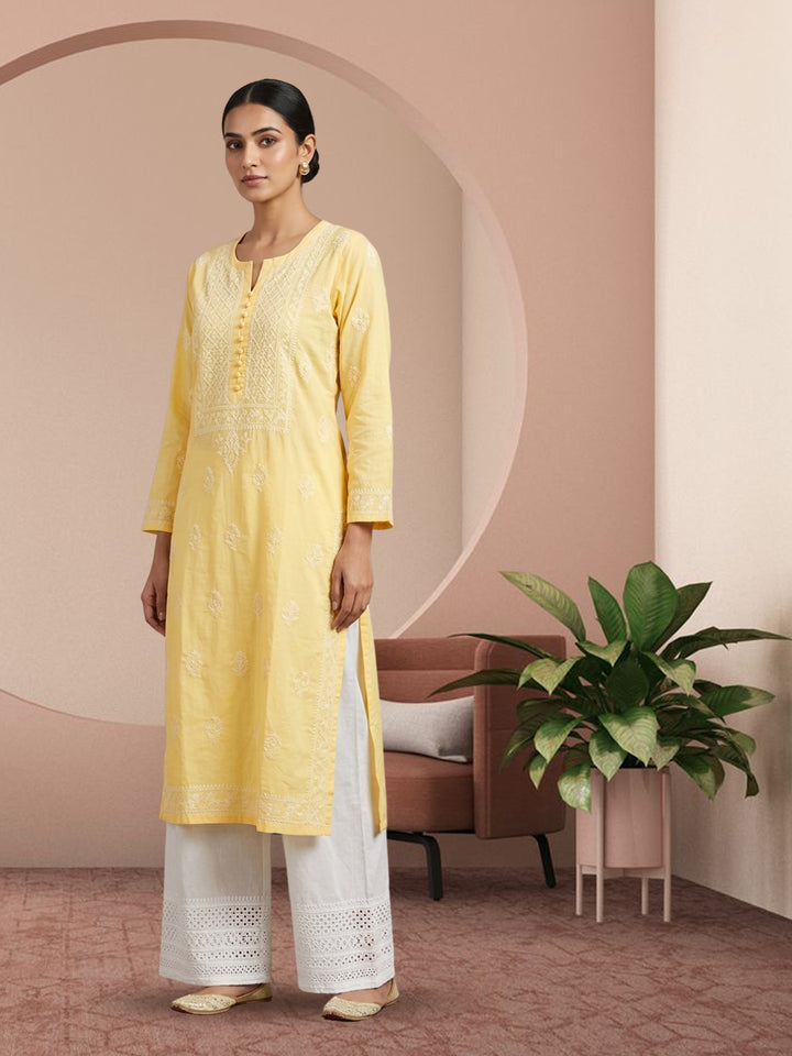 Hand Embroidered Chikankari Cotton Straight Kurta- PC3579 Yellow
