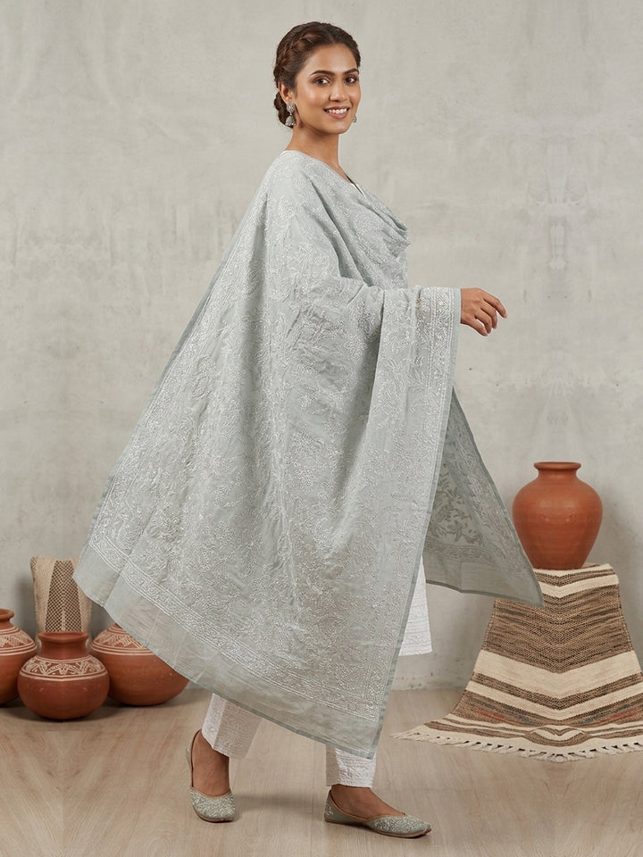 Women Hand Embroidered Cotton Chikankari Dupatta-PC4111 Grey