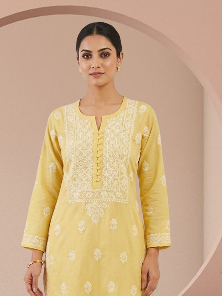 Hand Embroidered Chikankari Cotton Straight Kurta- PC3579 Yellow