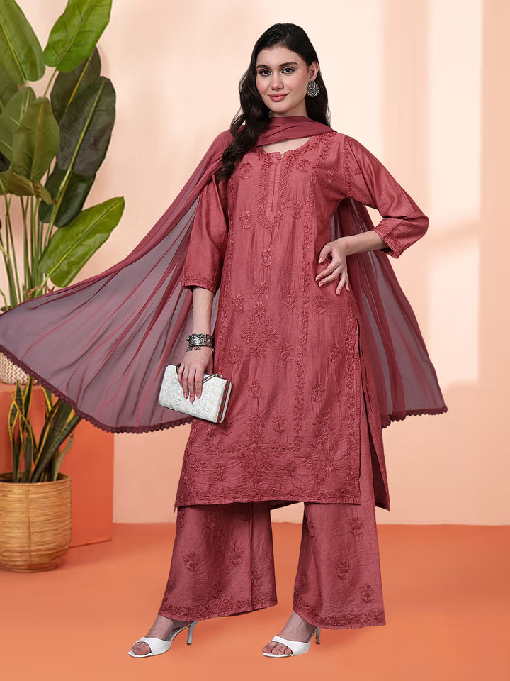 Women Hand Embroidered Chikankari Chanderi Kurta Set with dupatta PC4136KS Rust