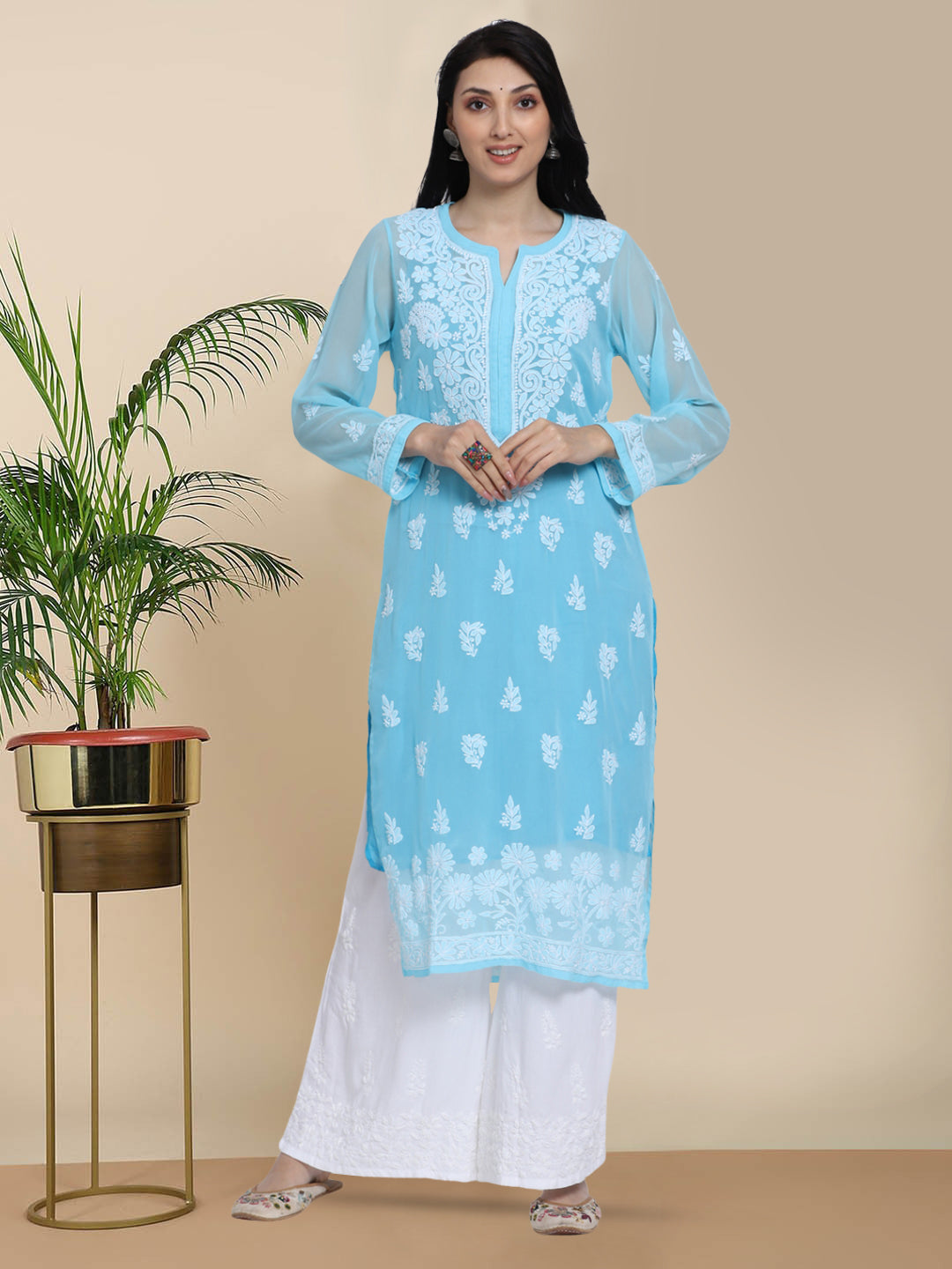 Women Hand Embroidered Chikankari Georgette Straight Kurta with Matching Slip PC3511