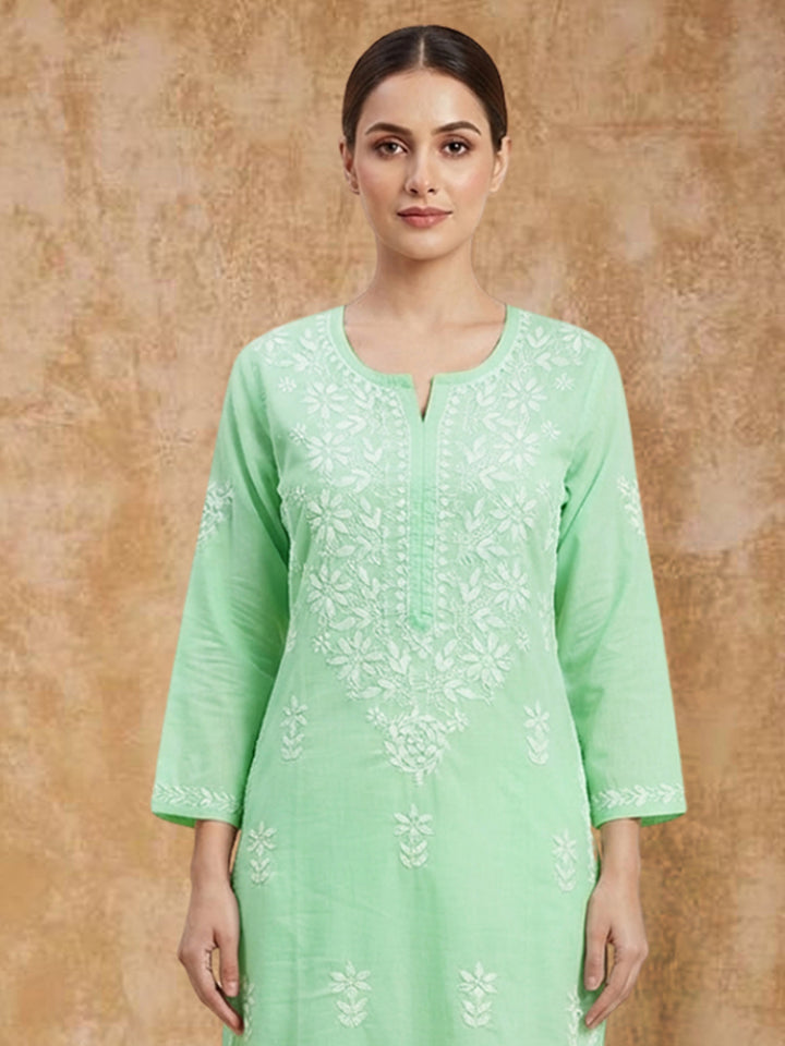 Women Hand Embroidered Chikankari Cotton Kurta Set PC4135KS Seagreen