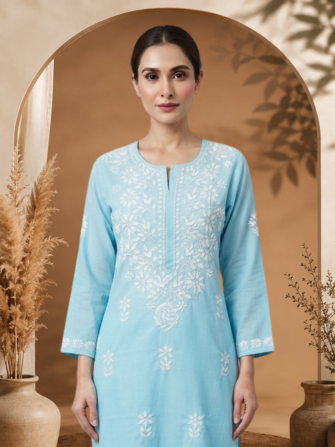 Women Hand Embroidered Chikankari Cotton Kurta Set PC4135KS Skyblue