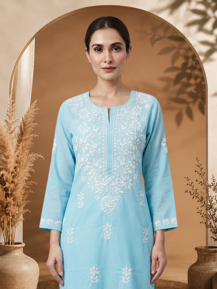 Women Hand Embroidered Chikankari Cotton Kurta Set PC4135KS Skyblue
