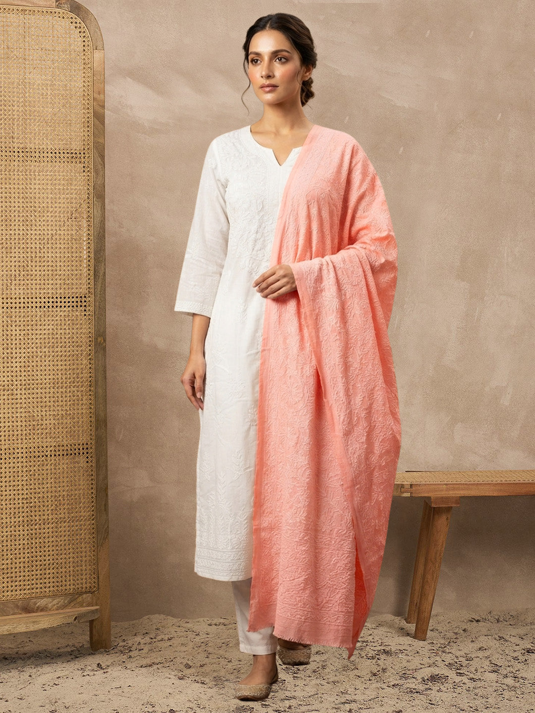 Women Hand Embroidered Cotton Chikankari Dupatta-PC4111 Peach