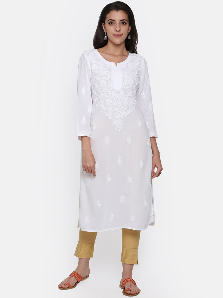 Hand Embroidered White Chikankari Rayon straight Kurta-PC3451