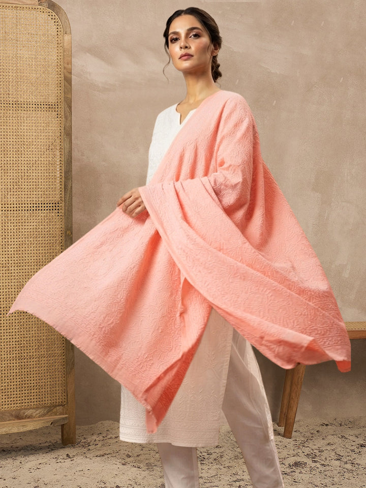Women Hand Embroidered Cotton Chikankari Dupatta-PC4111 Peach