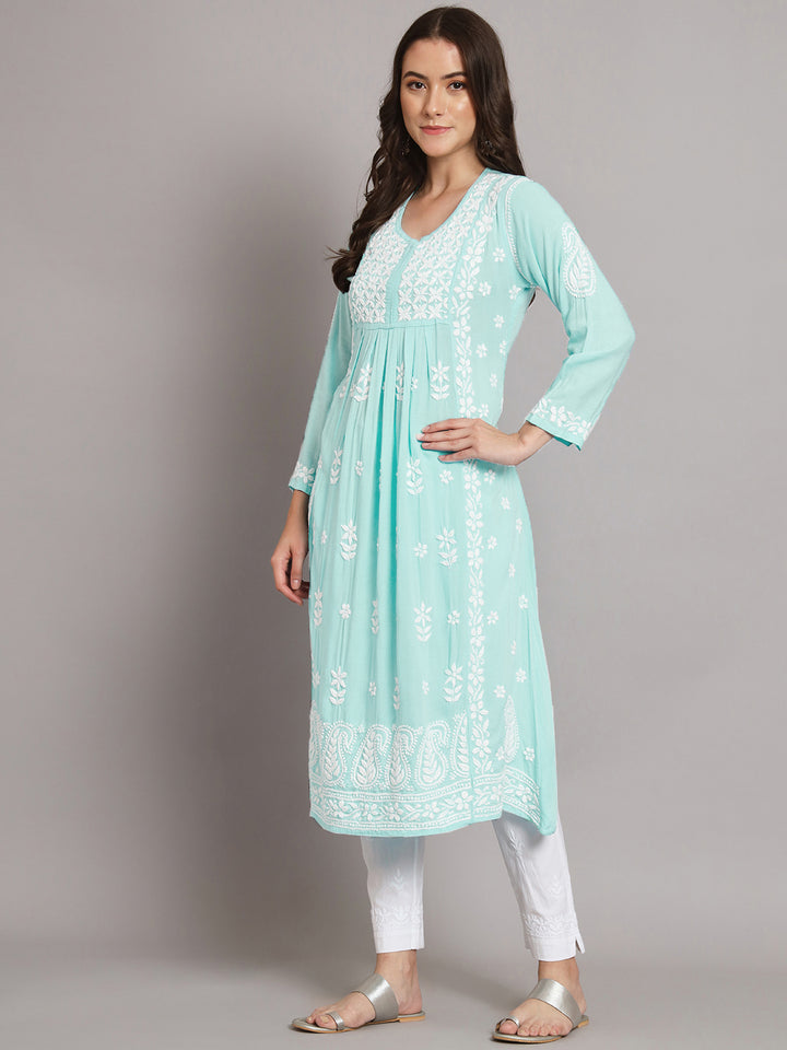 Hand Embroidered Chikankari Modal A-Line Kurta-PC3549 Seagreen