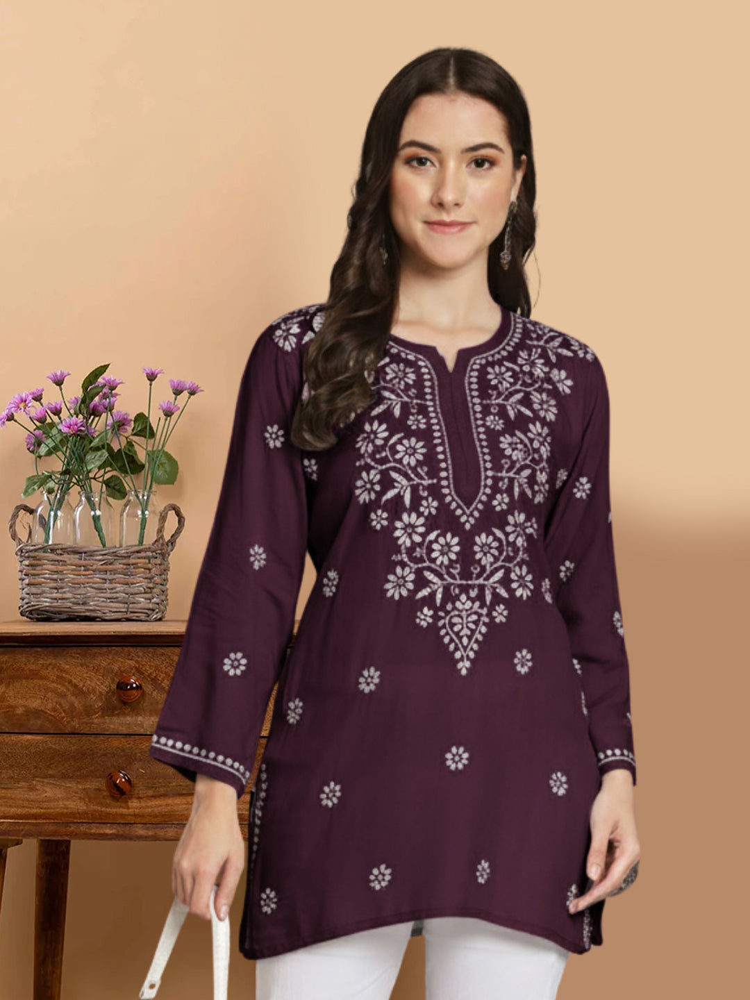 Women Hand Embroidered Chikankari Modal Kurti PC3611 Violet