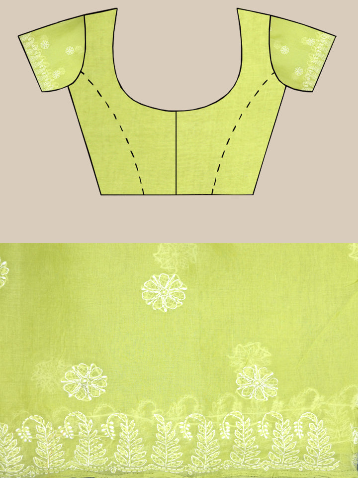 Hand Embroidered Chikankari Cotton Saree PCSAR02 Parrotgreen