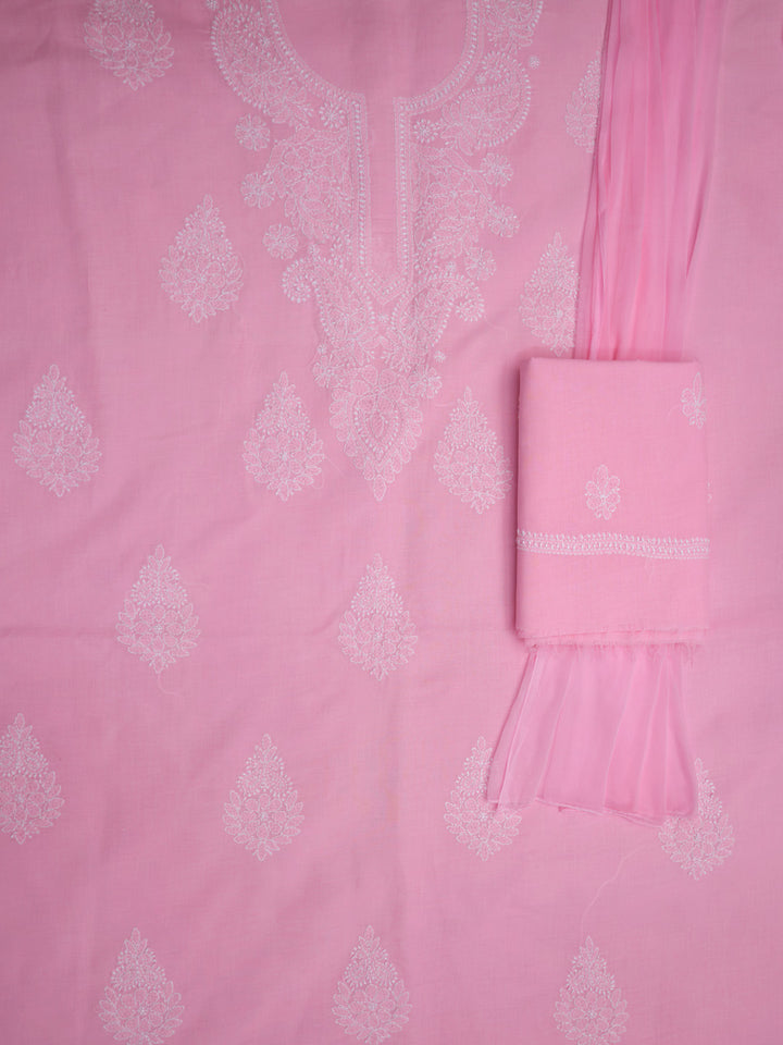 Women Hand Embroidered Chikankari Cotton Dressmaterial PCSCU00104FS-FLUORESCENTPINK
