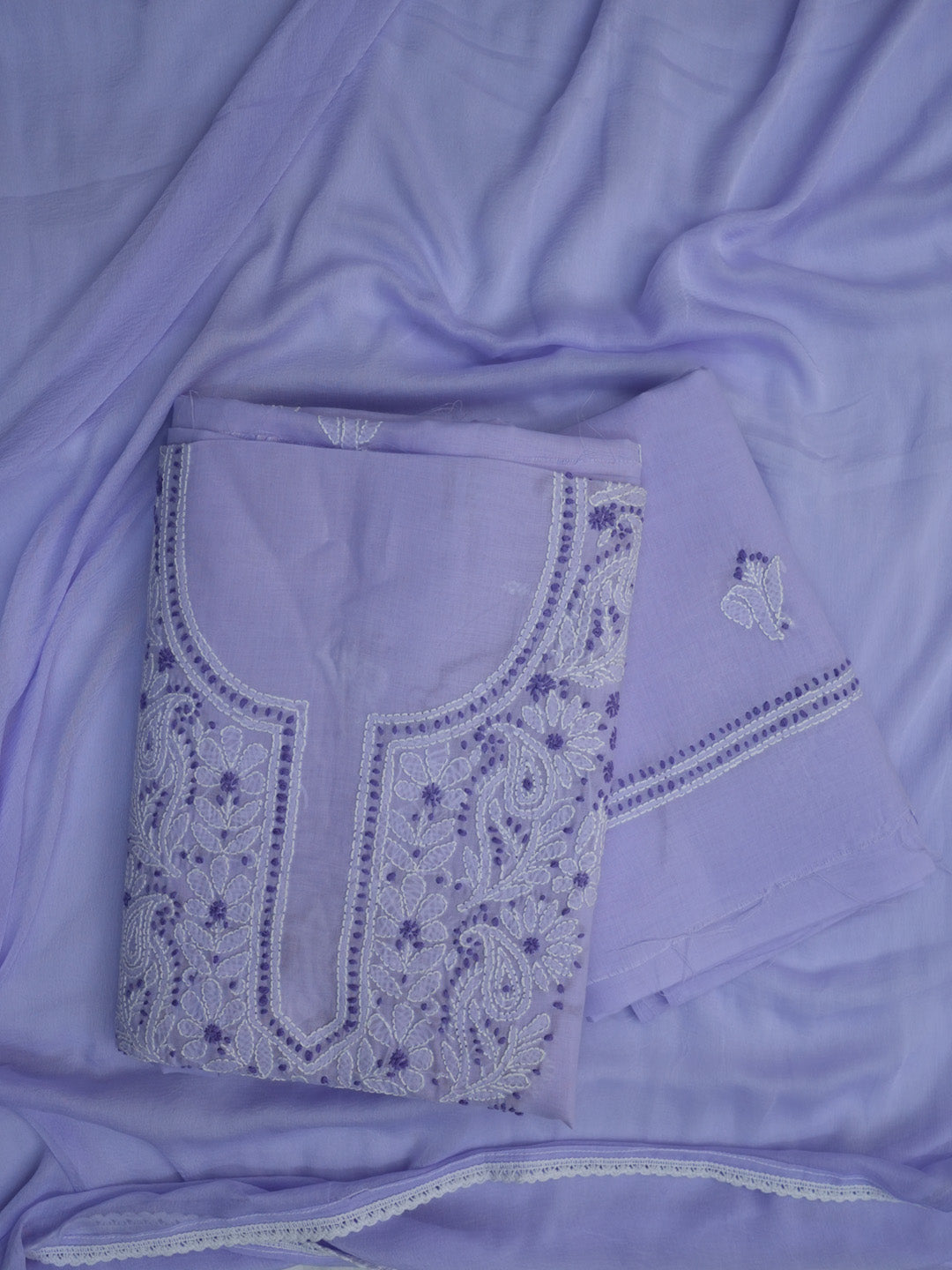 Women Hand Embroidered Cotton Chikankari Dress MaterialPCSCU00104FS-LAVENDER