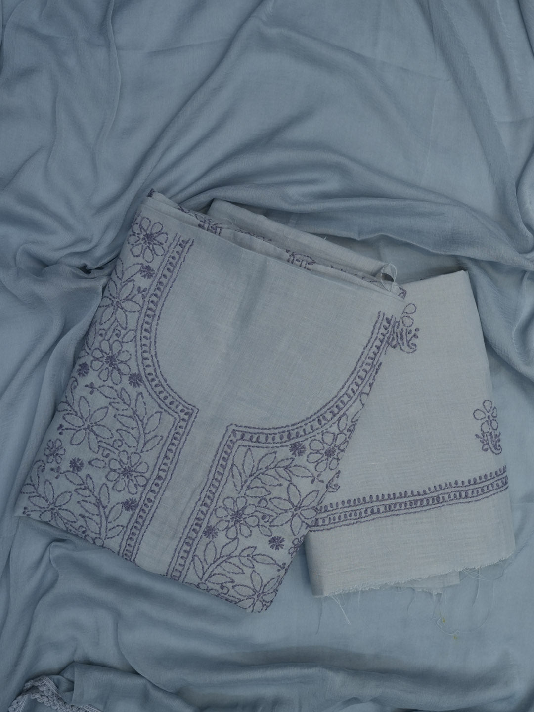 Women Hand Embroidered Cotton Chikankari Dress MaterialPCSCU00406FS-STEELGREY