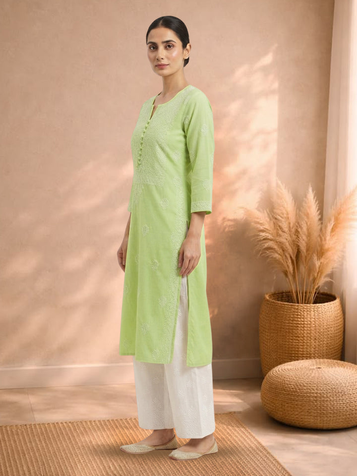Hand Embroidered Chikankari Cotton Straight Kurta- PC3579 Green