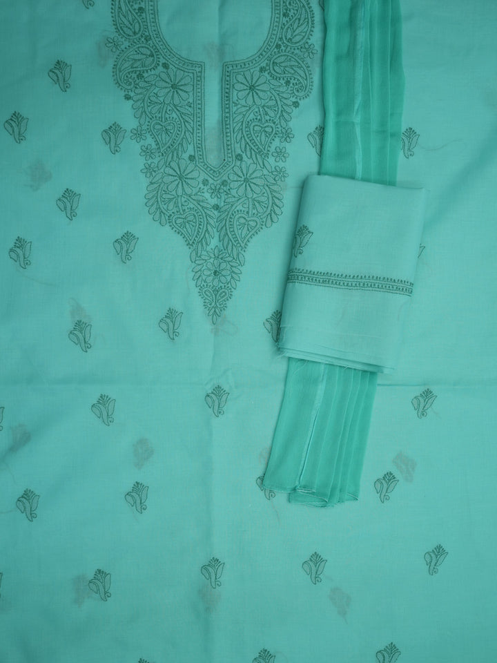 Women Hand Embroidered Cotton Chikankari Dress MaterialPCSCU00103FS-GREEN