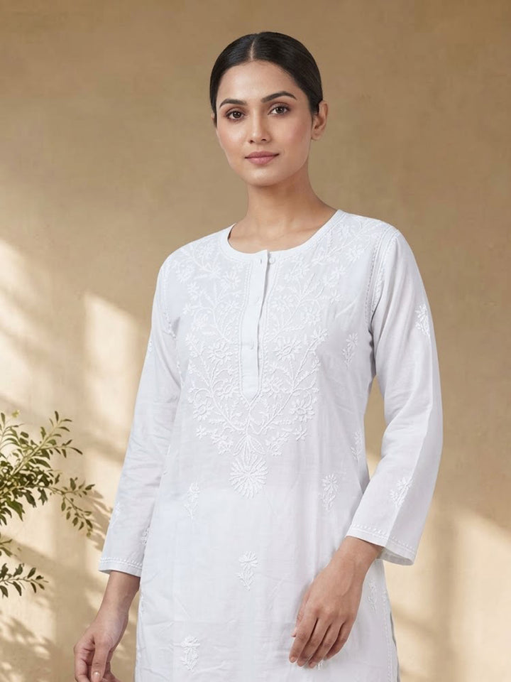 Hand Embroidered Chikankari Straight Floral Cotton Kurta-NTV115 White