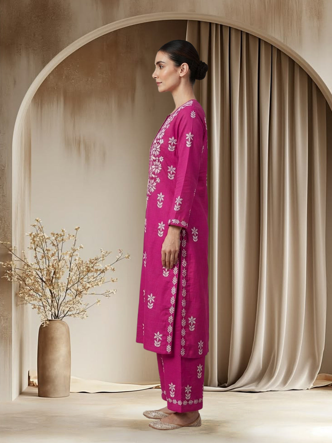 Women Hand Embroidered Chikankari Cotton Kurta Set PC4135KS Magenta