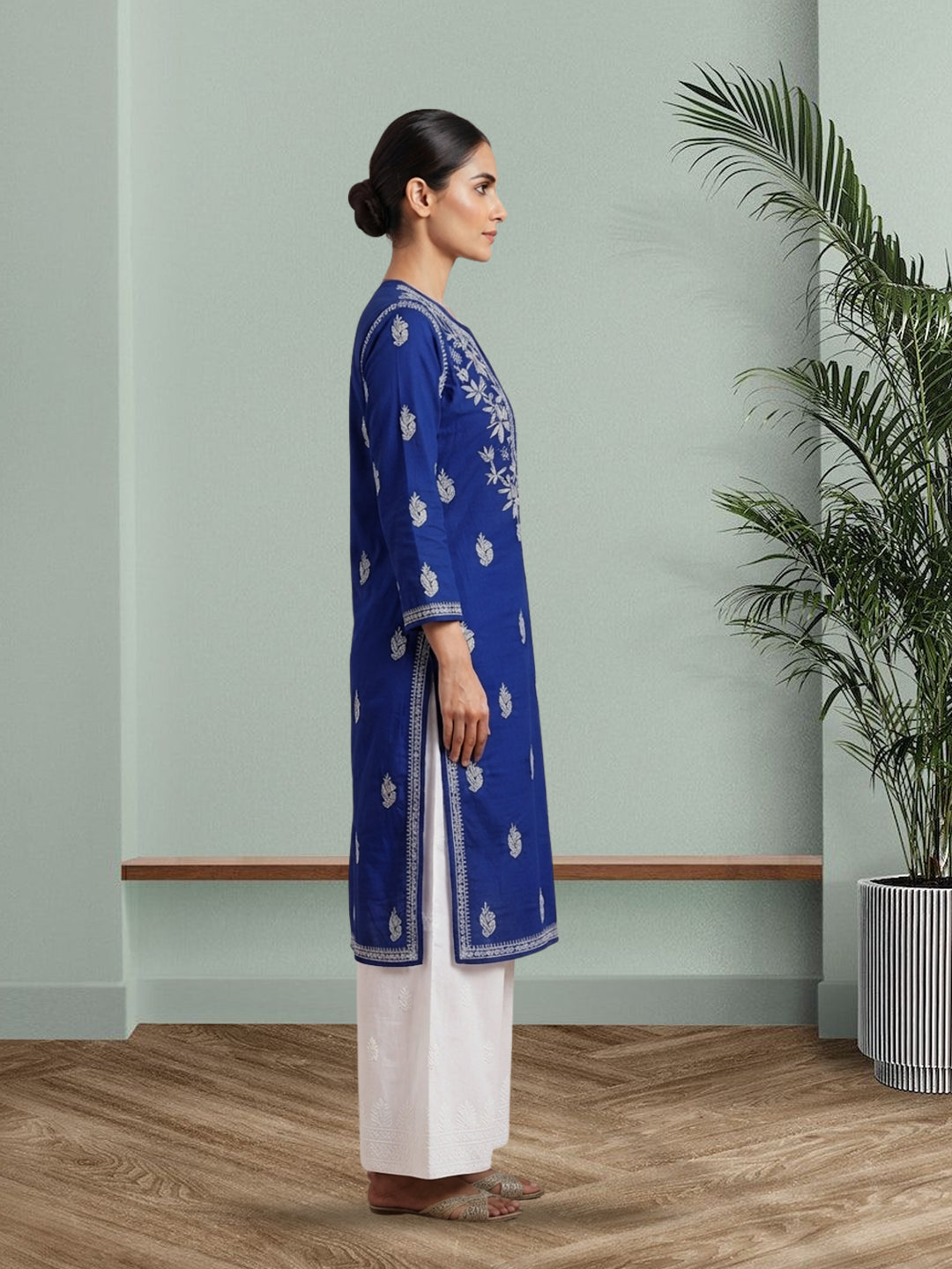 Hand Embroidered Chikankari Cotton Straight Kurta-PC3372 Darkblue