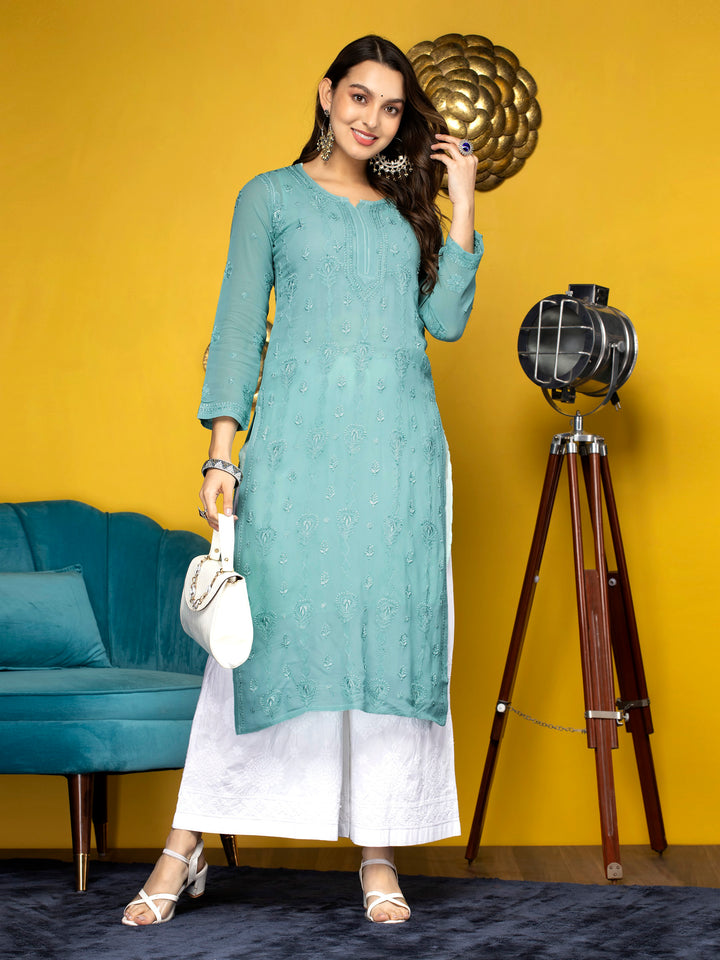 Hand Embroidered Chikankari Viscose Georgette Straight  Kurta- PC3640