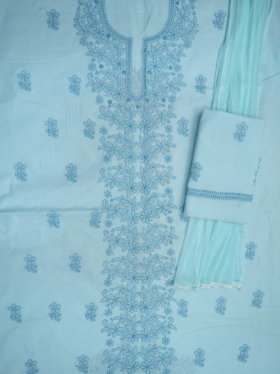 Women Hand Embroidered Cotton Chikankari Dress MaterialPCSCU00406FS-OCEANBLUE