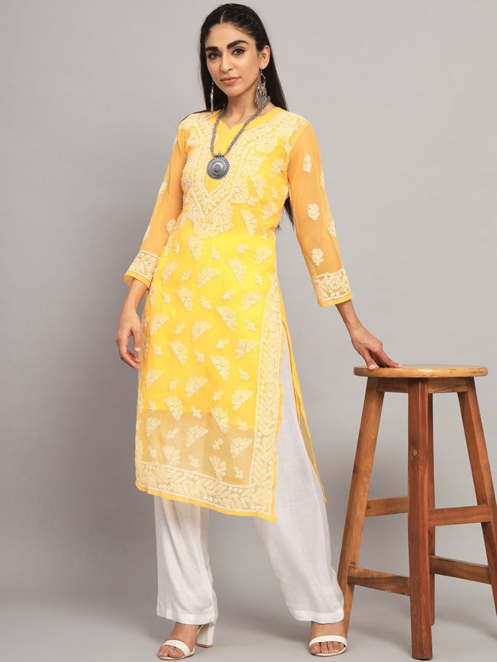 Women Hand Embroidered Chikankari Georgette Straight Kurta With Matching Slip- PC3545