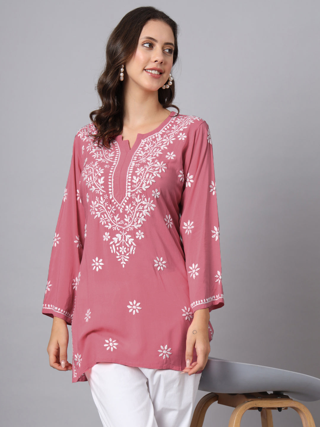 Women Hand Embroidered Chikankari Modal Kurti PC3611 Rust