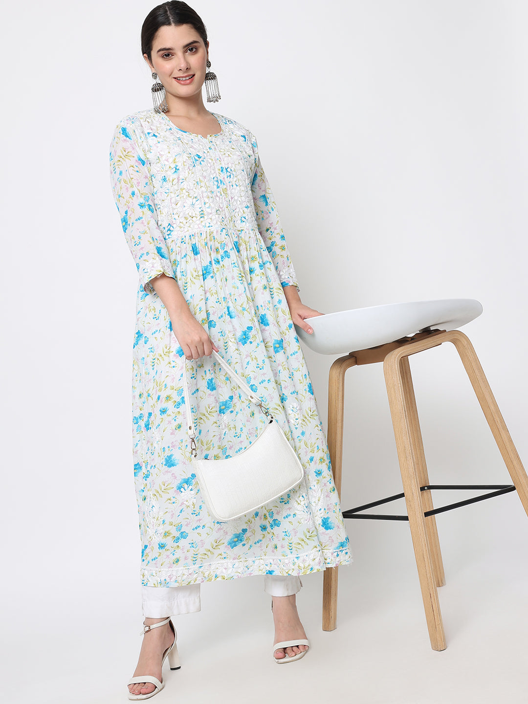 Women Hand Embroidered Chikankari Mulmul A-Line Kurta-PC3582 Blue