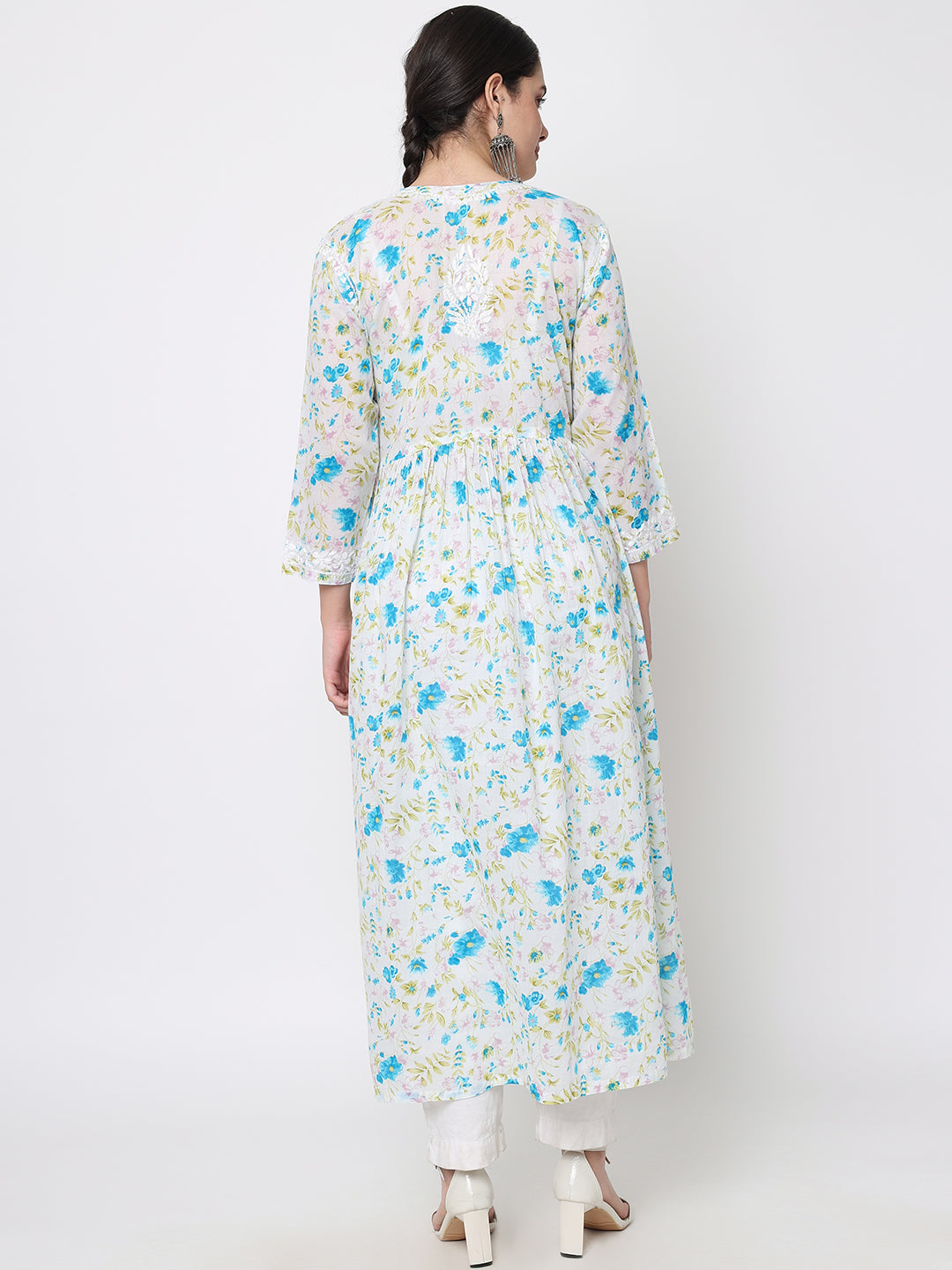 Women Hand Embroidered Chikankari Mulmul A-Line Kurta-PC3582 Blue