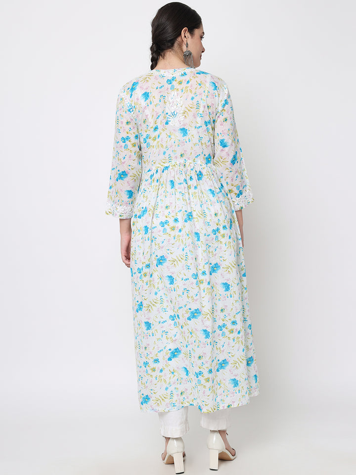 Women Hand Embroidered Chikankari Mulmul A-Line Kurta-PC3582 Blue