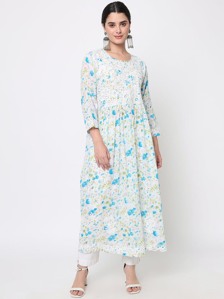 Women Hand Embroidered Chikankari Mulmul A-Line Kurta-PC3582 Blue
