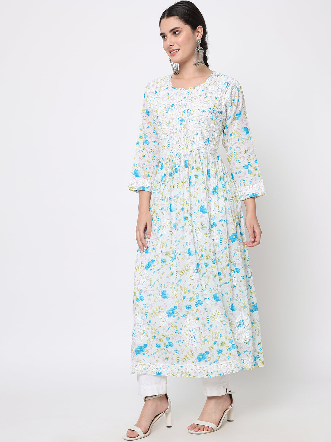 Women Hand Embroidered Chikankari Mulmul A-Line Kurta-PC3582 Blue