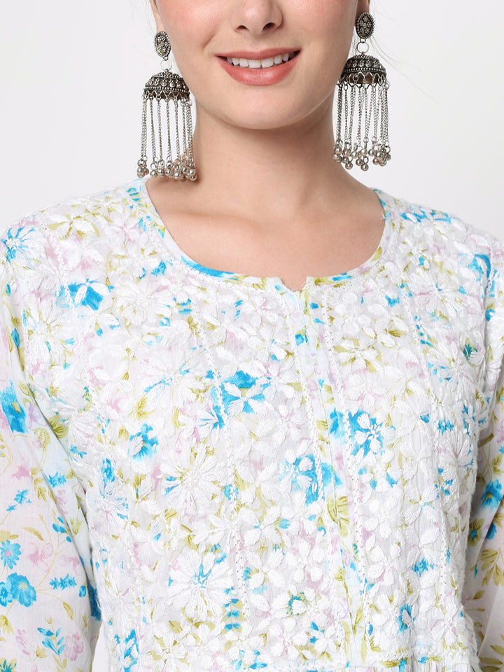 Women Hand Embroidered Chikankari Mulmul A-Line Kurta-PC3582 Blue