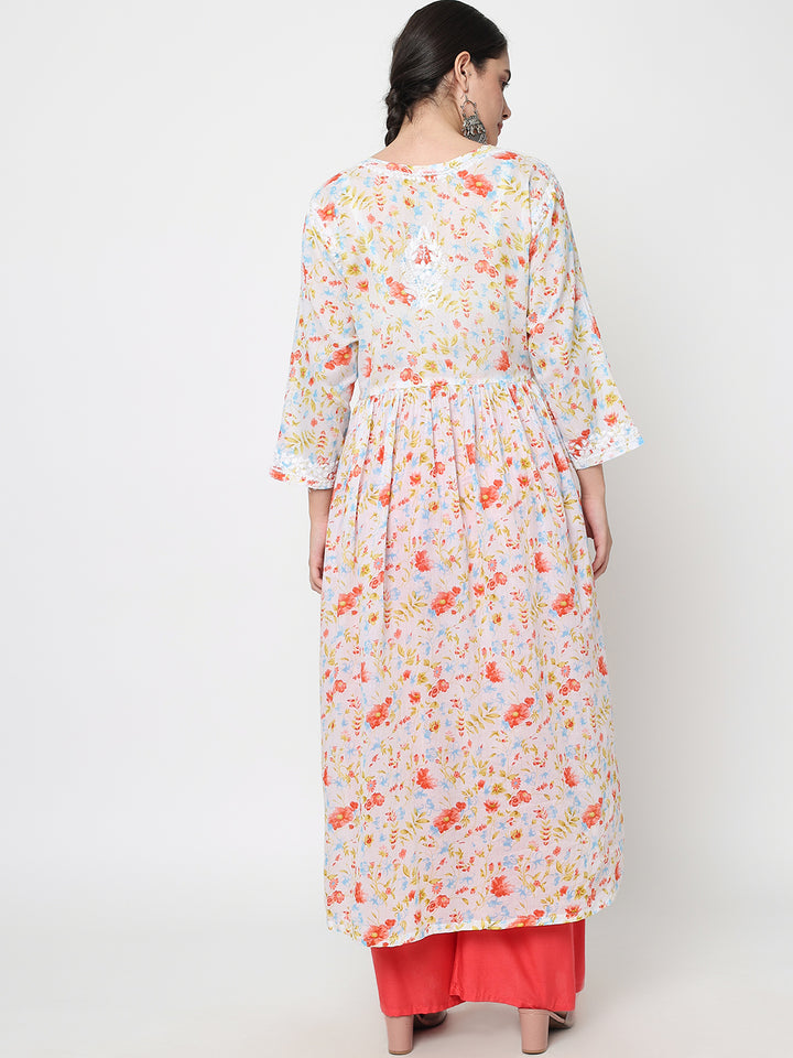 Women Hand Embroidered Chikankari Mulmul A-Line Kurta-PC3582 Orange