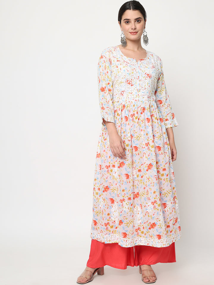 Women Hand Embroidered Chikankari Mulmul A-Line Kurta-PC3582 Orange