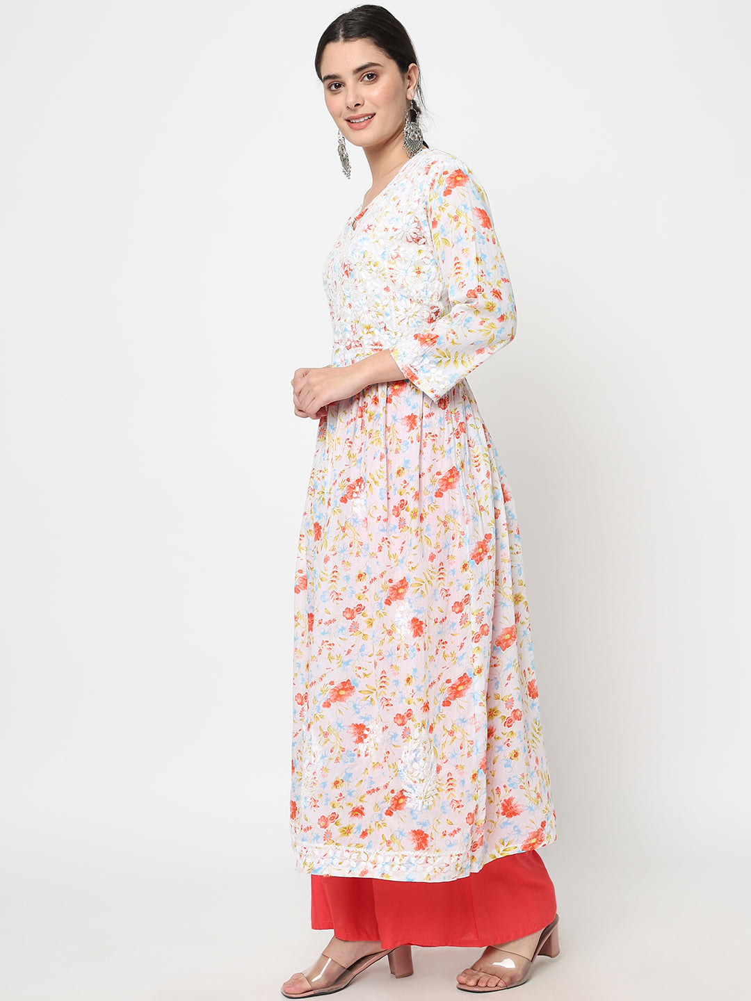 Women Hand Embroidered Chikankari Mulmul A-Line Kurta-PC3582 Orange