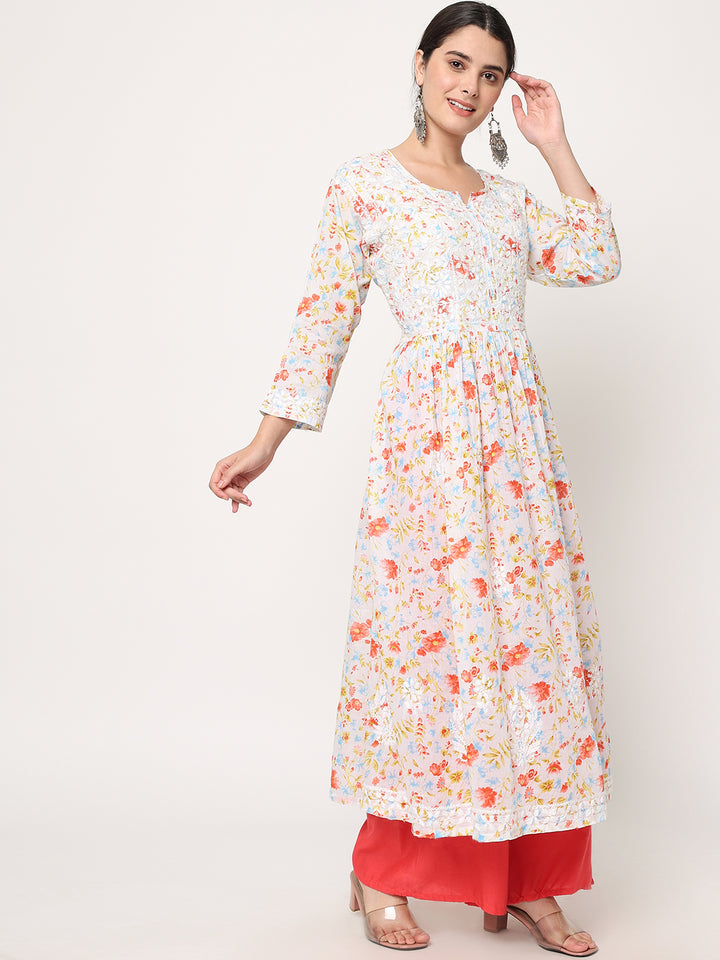 Women Hand Embroidered Chikankari Mulmul A-Line Kurta-PC3582 Orange